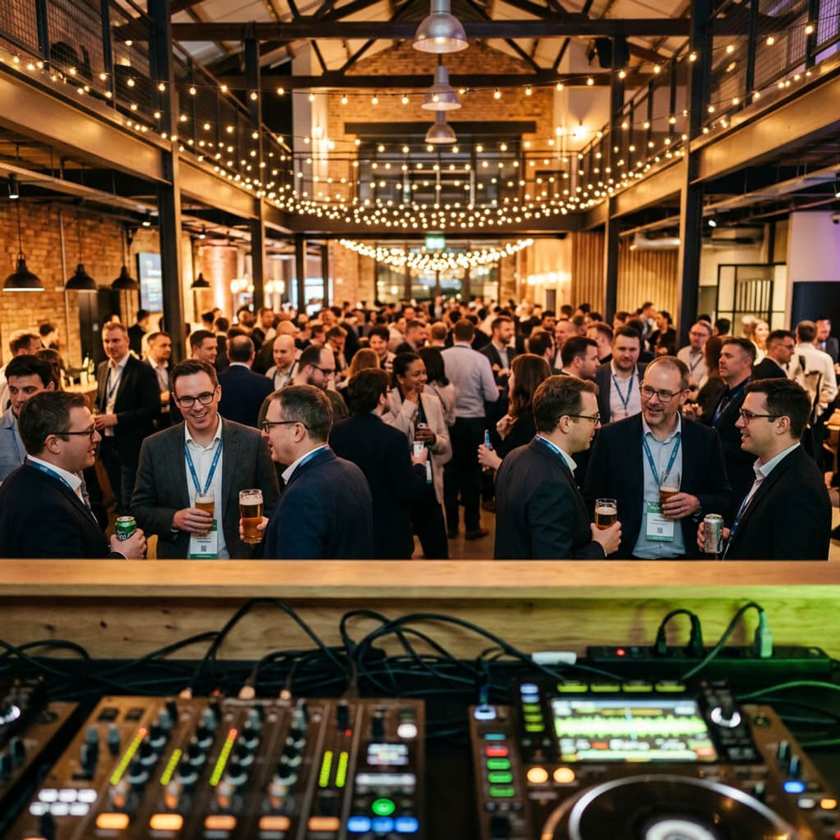DJ-booth op een bedrijfsfeest met dansend publiek en confetti in warm licht